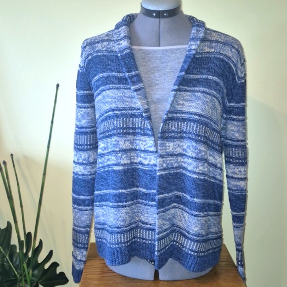 Chaps Blue White Striped Boho Cardigan P/M | Southwestern Knit Sweater